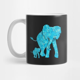 Beautiful Aqua Blue Mother and Baby Elephant. A cute Mother and Baby elephant design in an aqua blue speckled pattern. Includes light and dark shades of aqua, aquamarine and turquoise blue. Mug